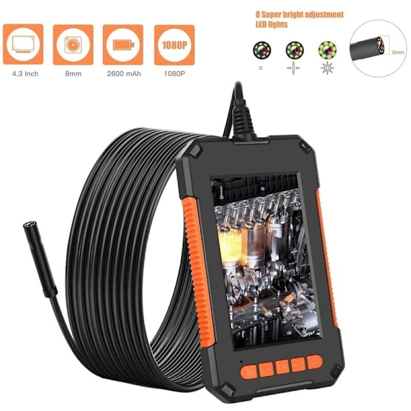 2M HD IP67 8mm Linse 4,3\" LCD-skærm endoskopkamera, 1080p inspektionskamera, 2600 mAh 8 LED-skærm endoskop KLB