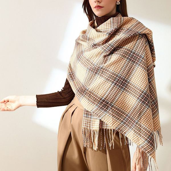 Vinter skjerf for kvinner sjal kasjmir følelse dusk rutete stort oversized oransje KLB