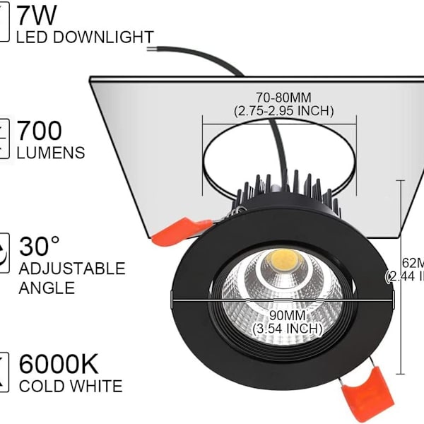 Pakke med 6 LED-downlights, 7 W COB indbygget loftslampe, AC 220-240 V, koldt hvidt 6000 K, W