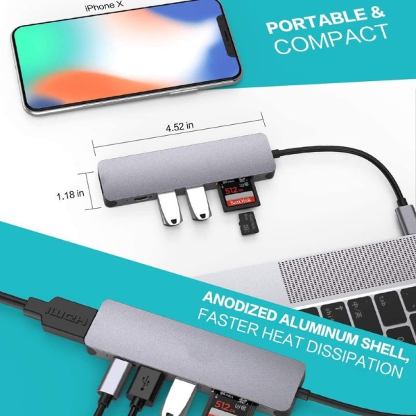 LEVIN USB C Hub 7-i-1 Typ C Hub med 100W PD Power Delivery, 4K UHD USB C till