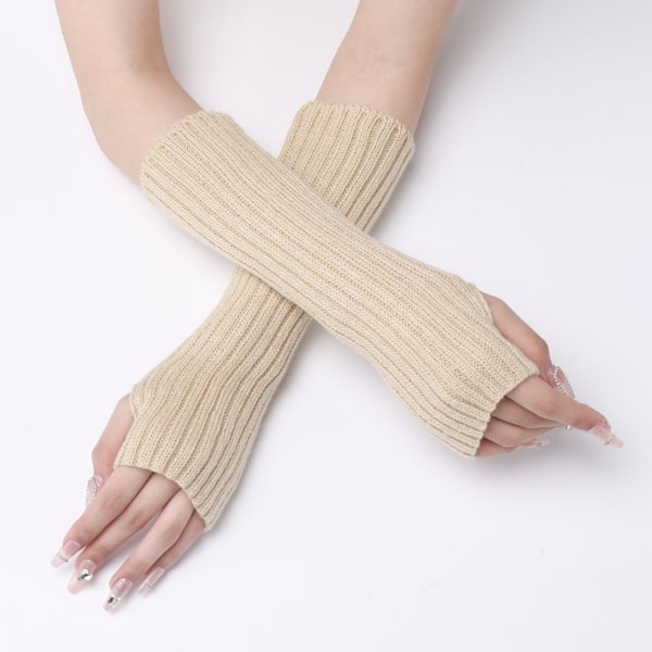 Dame Vinter Varme Over Elbow Lange Fingerløse Tommelfinger Hul Handsker Luffer Beige KLB