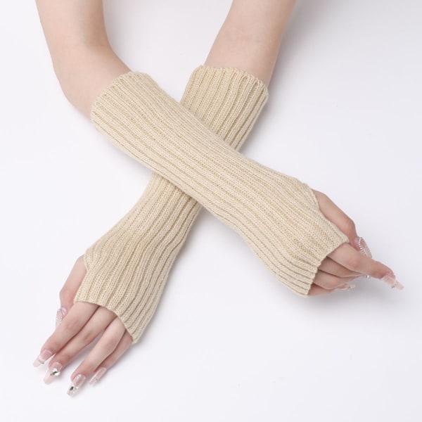 Womens Winter Warm Over Armbow Long Fingerless Thumb Hole Handskar Vantar Beige KLB