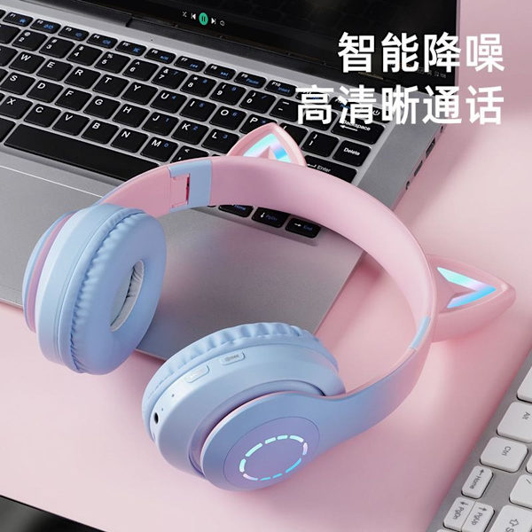Trådlöst Bluetooth-headset kattöron led rosa blå gradient