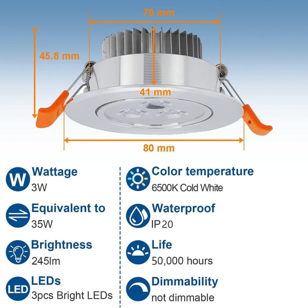 Pakke med 20 LED indbyggede spotlights 3W koldt hvidt 6000K 245LM KLB