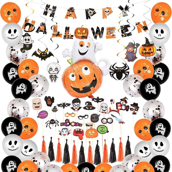 Halloween-ilmapallot-Halloween-koristeet,Halloween-taustasetti, 48 ilmapalloa, 25 valokuvarekvisiittaa,bannerit,kurpitsat,kirjeseppeleet