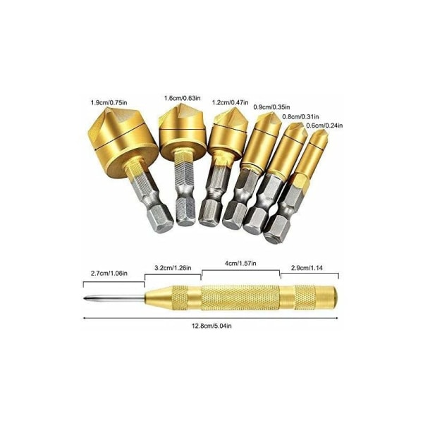 Set of 6 HSS 5 Hex Shank Countersink Drill Bits with Automatic Center Punch 5 Inch Deburring Tools for Steel Wood Plastic KLB