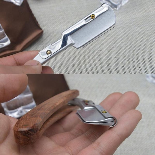 Barberkniv med ægte træhåndtag og klingeholder