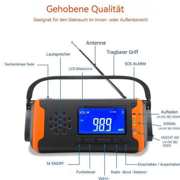 Solar Dynamo Crank Radio FM, Bærbar Multifunksjonell Utendørs Nyhet
