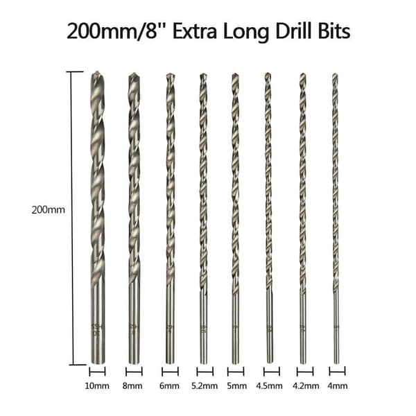 cps 200mm extra lång borrbitsset, diameter 4mm, 4.2mm, 4.5mm, 5mm, 5.2mm