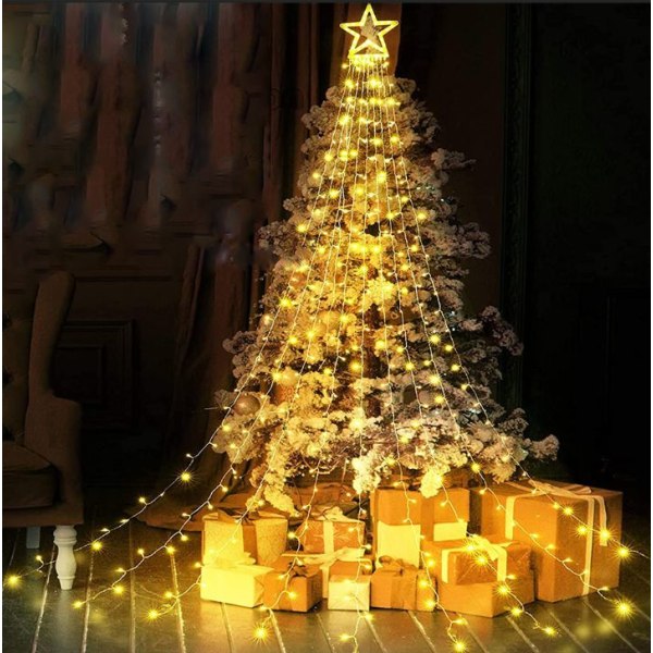 350 LED joulukuusen valoseppele tähdellä, 9 * 3,5 m valkoinen joulukuusen valoverho, lämmin valkoinen ulko- ja sisä joulukoristeet