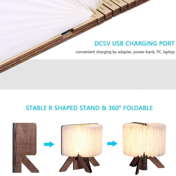 Træ sammenklappelig boglampe, R-formet LED boglys, USB genopladelig KLB