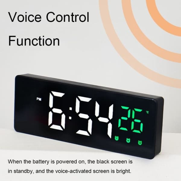 Stemmeaktiveret LED mute, datotemperaturvisning, elektronisk ur (sort).
