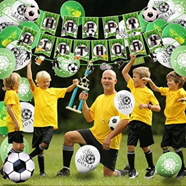 40 stk. fodboldfestartikler, fodbold fødselsdagstemafestdekorationer, balloner banner kagepynt sæt, grønne fodboldkop fansæt, dekorationer