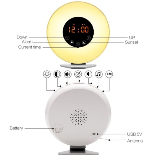 Simulert soloppgang og solnedgang søvnlys vekkerklokke med FM-radio (US