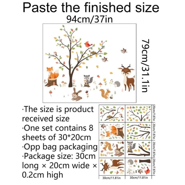 Forest animals, big tree, wall stickers, branches, stained glass window