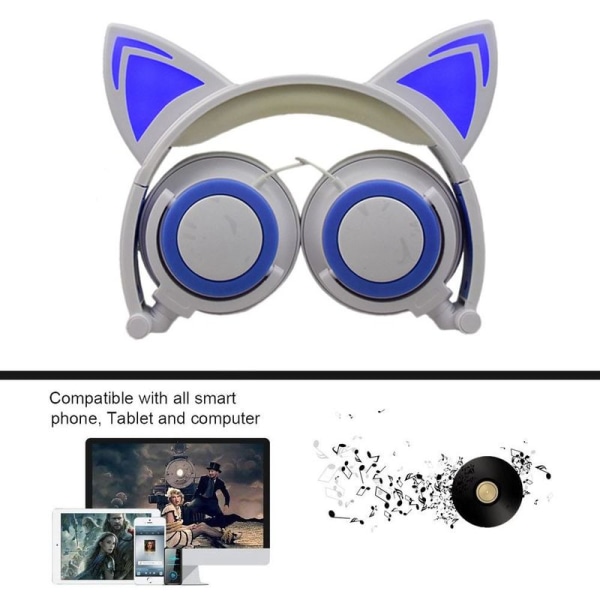 Cat Ear-hodetelefoner med LED-lysende blinkende, sammenleggbare hvitblå