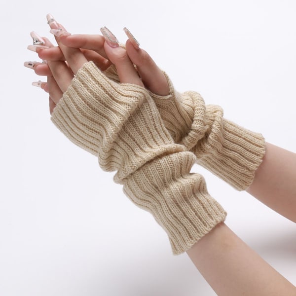 Womens Vinter Varme Over Elbow Lange Fingerless Tommel Hull Mitts Beige KLB