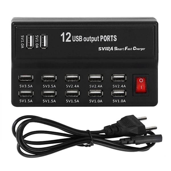 Moniporttinen kotitalouspistorasia, jossa on 12 USB-porttia ja pikalaturi KLB