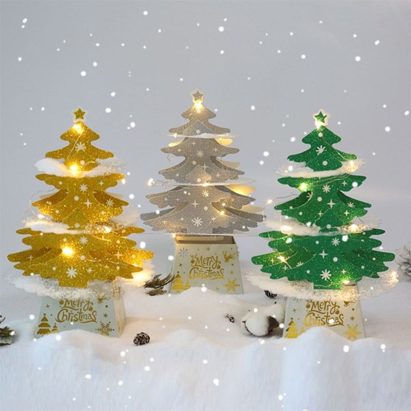 Julepynt, mini skrivebords julekort ornament, gyldent varmt lys KLB