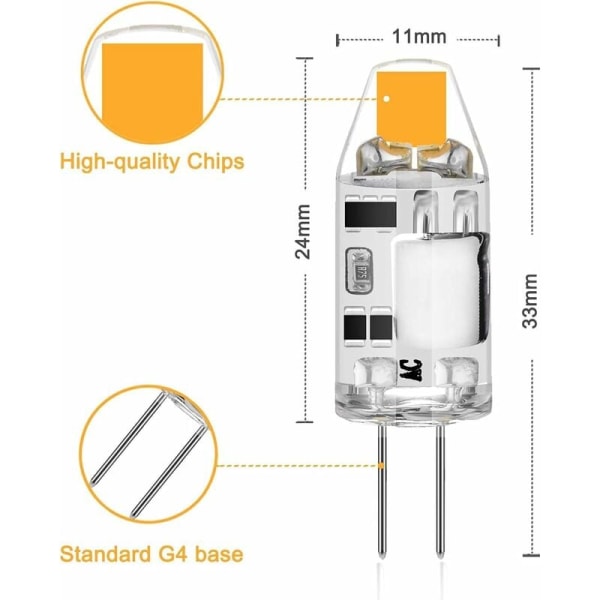 10-pakning G4 2W LED-pærer - Erstatter 20W halogenpærer - Varmhvit 3000K - 200lm - 12V AC/DC G4 - Ingen flimmer - Dimbar [Energiklasse F] KLB