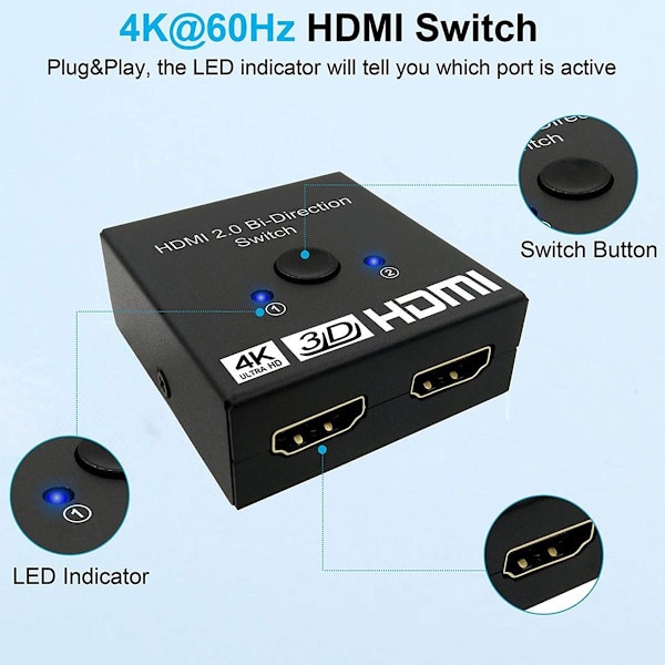 HDMI-kytkin 2 sisään 1 ulos 4k korkea resoluutio kaksisuuntainen kytkin 1 sisään 2 ulos