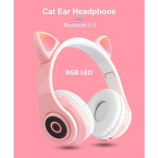 Cute Cat Ear trådløse hodetelefoner, trådløse 5.0 Over Ear-hodetelefoner med 7 farger LED-lys Sammenleggbar volumkontroll for smarttelefoner, nettbrett, datamaskiner