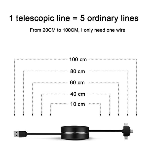 Multi Ladningskabel, 3 i 1 Retractable USB-kabel med Sort