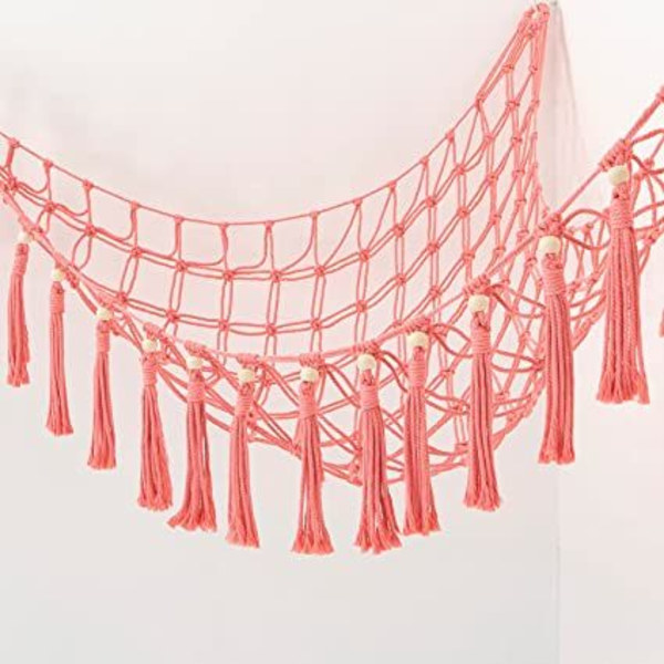 Ripustettava pehmoleluhammock (vaaleanpunainen) Pitsihammock puuhapsuilla Täytettyjen eläinten järjestäjä, Suuri täytetty sarvi, Ristikkohylly lastenhuoneeseen, leikkihuoneeseen, makuuhuoneeseen
