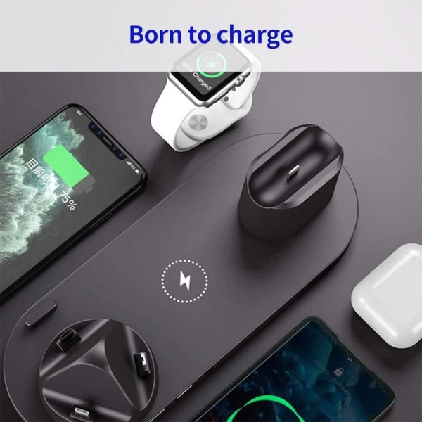 Trådløs oplader, 6 i 1 induktiv opladningsstation med 10W sort