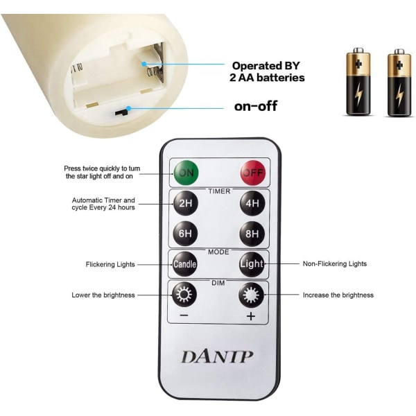 Flamlös LED-ljus med integrerad ljusslinga, 3-delad LED-ljus med fjärrkontroll, dansande låga, äkta vax, batteridriven.