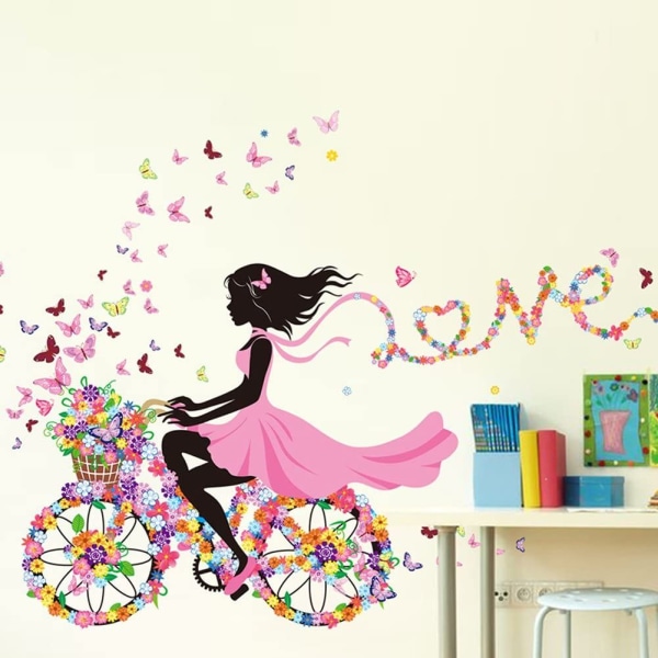 Romantisk Pink Flower Butterfly Fairy Girl Riding a Flower Cykel Aftagelige vægdekaler Stickers,Børn Baby Soveværelse Vuggestue -