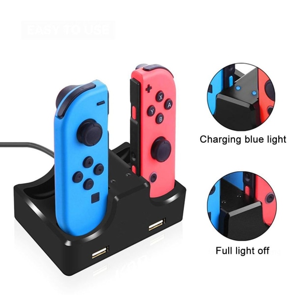 Nintendo Switch-lader med håndtak ladestasjon - 4 i 1, USB-kabel, 2 USB-porter KLB