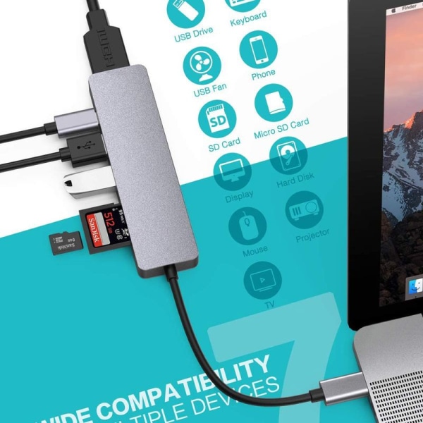 LEVIN USB C Hub 7-i-1 Typ C Hub med 100W PD Power Delivery, 4K UHD USB C till