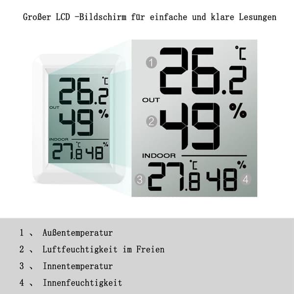 Indendørs termometer, hygrometer termometer med udendørs sensor, stue termometer, KLB