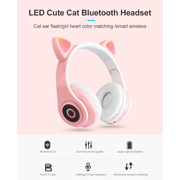 Søte katteøre trådløse hodetelefoner, trådløse 5.0 over-ear hodetelefoner med 7 farger LED-lys sammenleggbar volumkontroll for smarttelefoner, nettbrett, datamaskiner