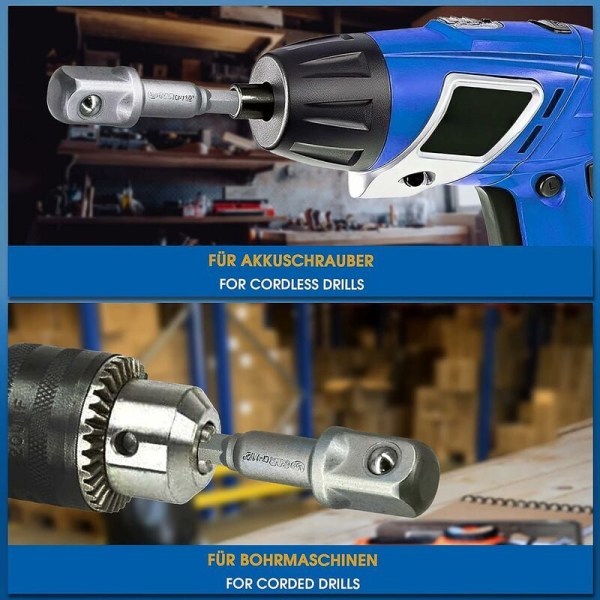 S&R Socket Holder Adapters på boremaskine Slagværktøjer. Sæt med 3 firkantede chuckadaptere 1/4\", 1/2\", 3/8\" i kromvanadium (Lysegrå) KLB