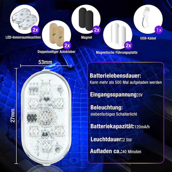 2 kpl RGB-auton sisävalot, kosketuskytkimellä varustettu auton sisävalo, LED-auton sisävalo, monivärinen auton tunnelmavalaistus USB-portilla