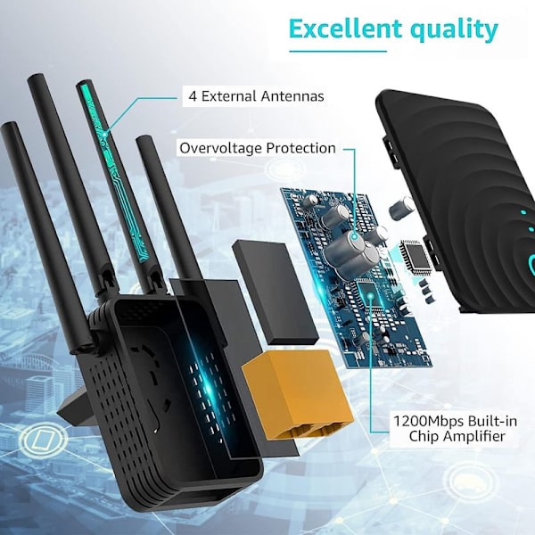 1200 Mbps WiFi-förstärkare Signalförstärkare, Full Coverage Repeater