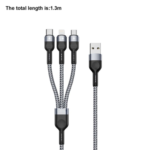 3-i-1 USB-laddningskabel, 1,3 m flätad snabbladdningskabel