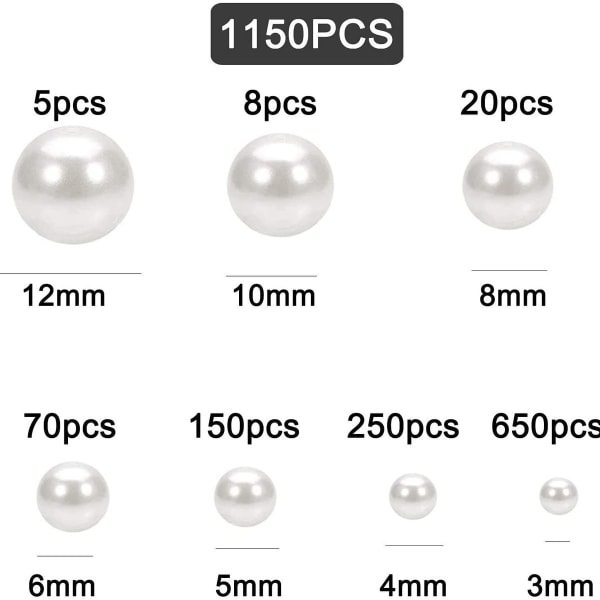 Pakke med 1150 hvite runde perler 3/4/5/6/8/10/12 mm hvite kunstperle smykker