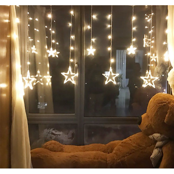 12 stjernede stjernelyskæder til vinduesgardin med 8 blinkende tilstande til jul, bryllup, fest, hjem, terrasse, græsplæne, varmt hvidt (138 LED-stjerne)