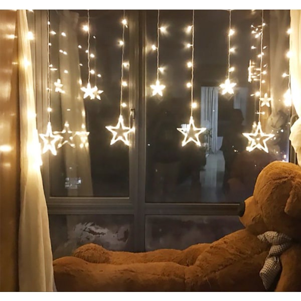 12 stjerners stjernelys for vindusgardin med 8 blinkende moduser for jul, bryllup, fest, hjemme, uteplass, plen, varm hvit (138 LED-stjerne)