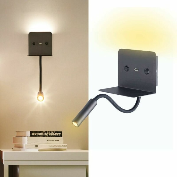 3W LED væglampe + læselampe med sort USB-port KLB
