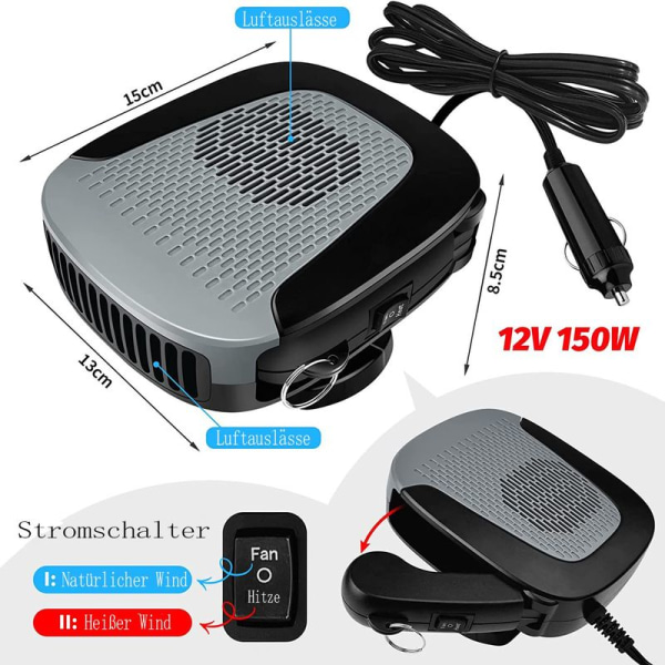 Auton tuuletinlämmitin 12V 150W Kannettava autonlämmitin Defroster, 3 in 1 lämmitin autoon