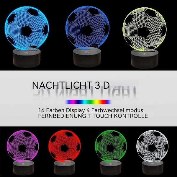 Fotball 3D illusjonsnattlampe, 7 farger skiftende berøringskontroll LED-skrivebordslampe KLB