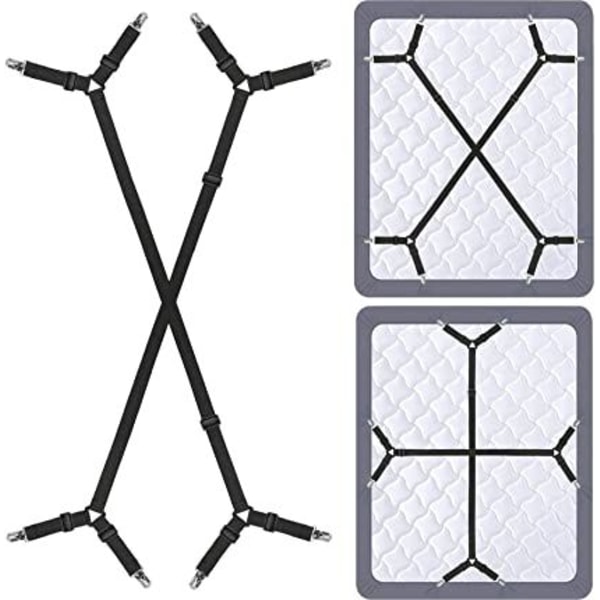 Sänglakanhållare Remmar - Justerbara Crisscross Lakan Klämmor Elastiskt Band Lakan Fästelement Fästelement Suspender Grippers Klämma, 2st/Set Svart