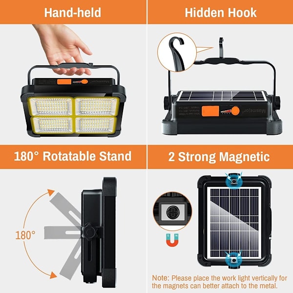 Oppladbar LED-spotlight 336 LED/ 100 W/ solcellepanel/ 4 lysmoduser/ 12000