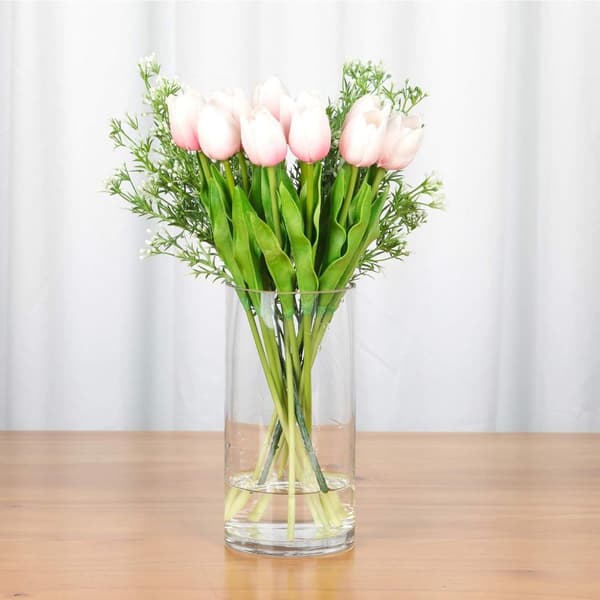 Cylindrisk glasvas, diameter 5\", höjd 12\", klart blommönster