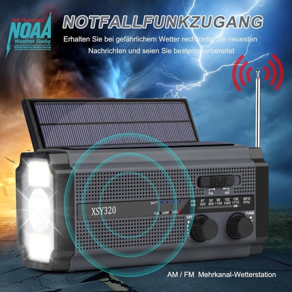 Milfech Solar Radio, AM/FM Crank Radio, Bærbar Nødradio med 5000 mAh