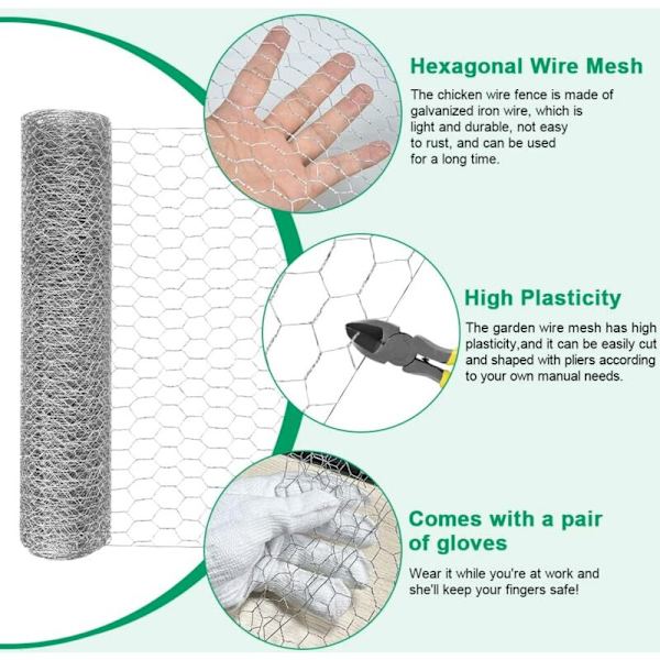 40cmx5m Galvaniseret Kaninnet Hexagonalt Net Hønsetråd Net Hønsegård Voliere Hegn med 50 Kabelbind Handsker, Saks til Have KLB